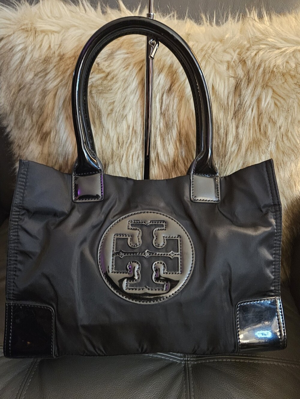 Tory Burch Black Nylon Tote with Patent Trim